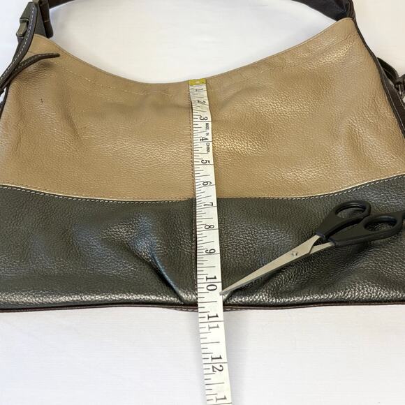Tignanello Pebble Leather Shoulder Bag | Brown, Silver & Gold Color Block | EUC - Picture 10 of 13